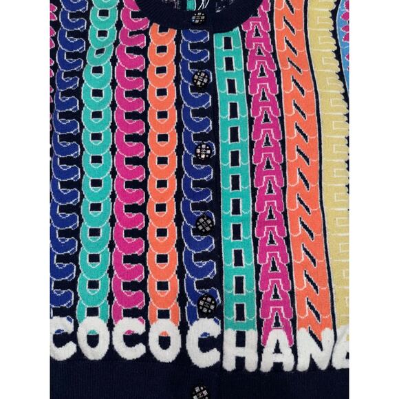 Chanel 21K Blue Rainbow Letter Logo CC Button Long Sleeve Cardigan Sweater 36 - Picture 6 of 15